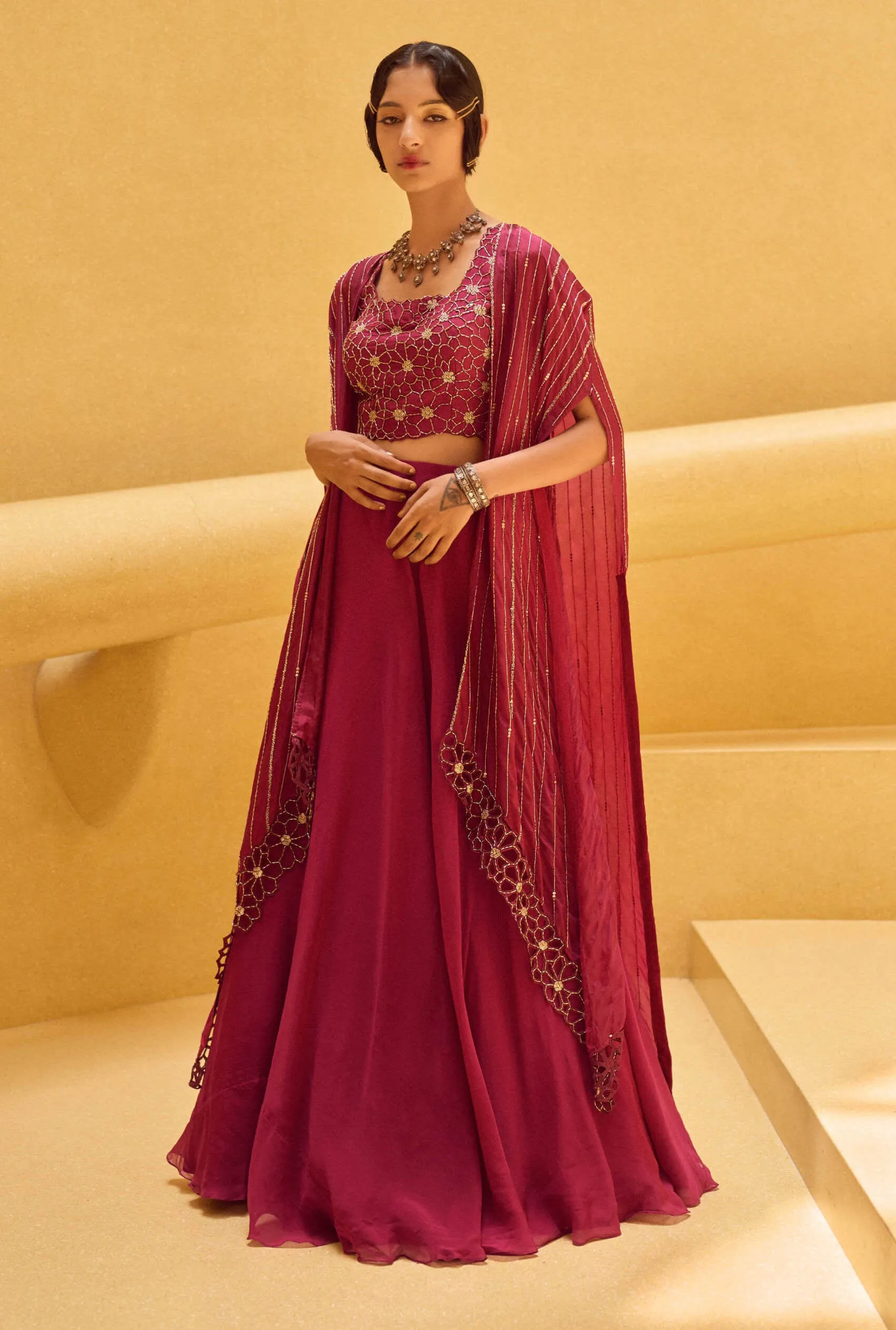 Rosalee Pink Kimono With Lehenga And Blouse