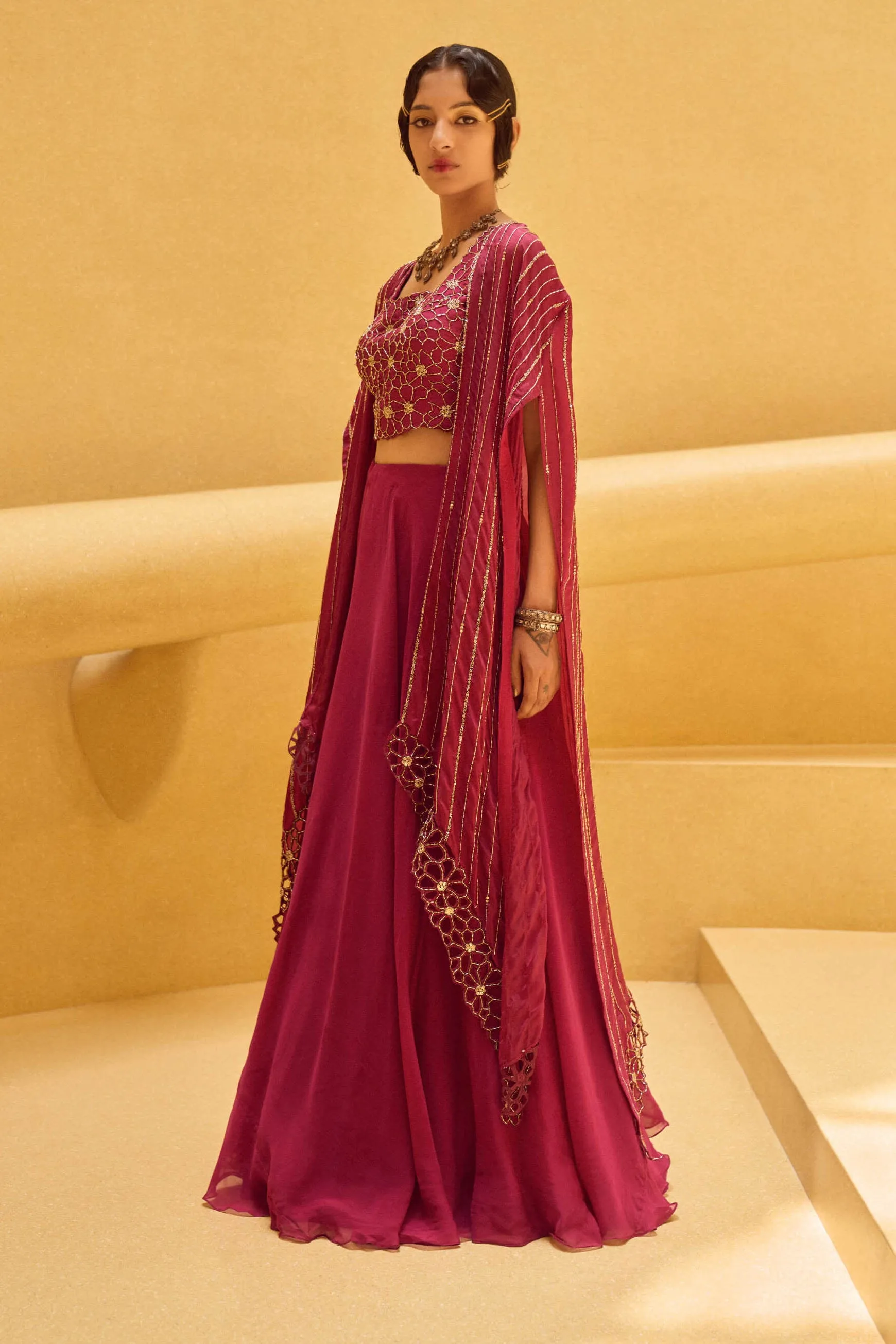 Rosalee Pink Kimono With Lehenga And Blouse