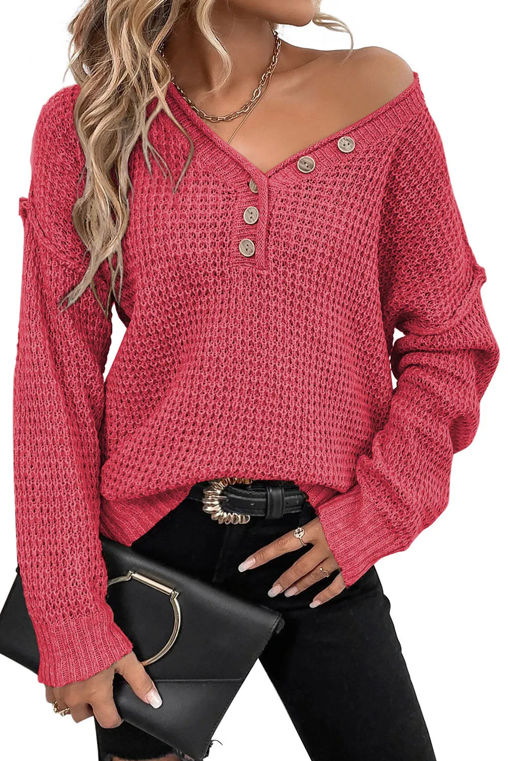 Rose Red Pointelle Knit Button V Neck Drop Shoulder Sweater