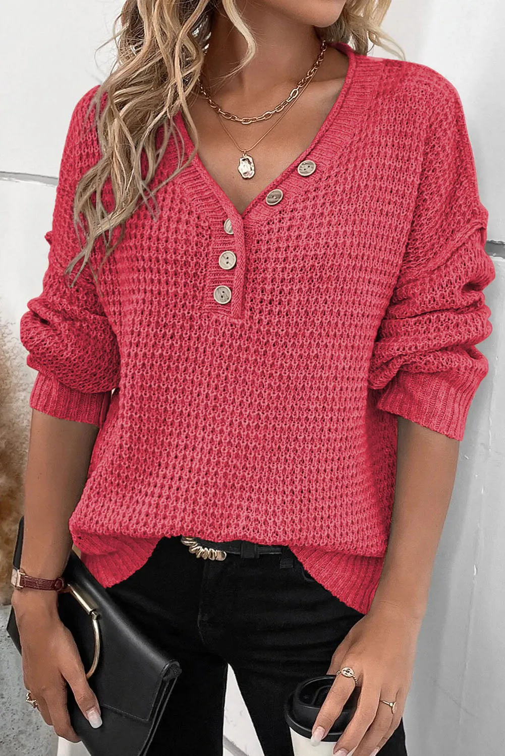 Rose Red Pointelle Knit Button V Neck Drop Shoulder Sweater