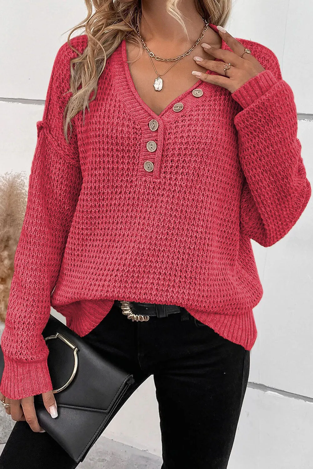 Rose Red Pointelle Knit Button V Neck Drop Shoulder Sweater