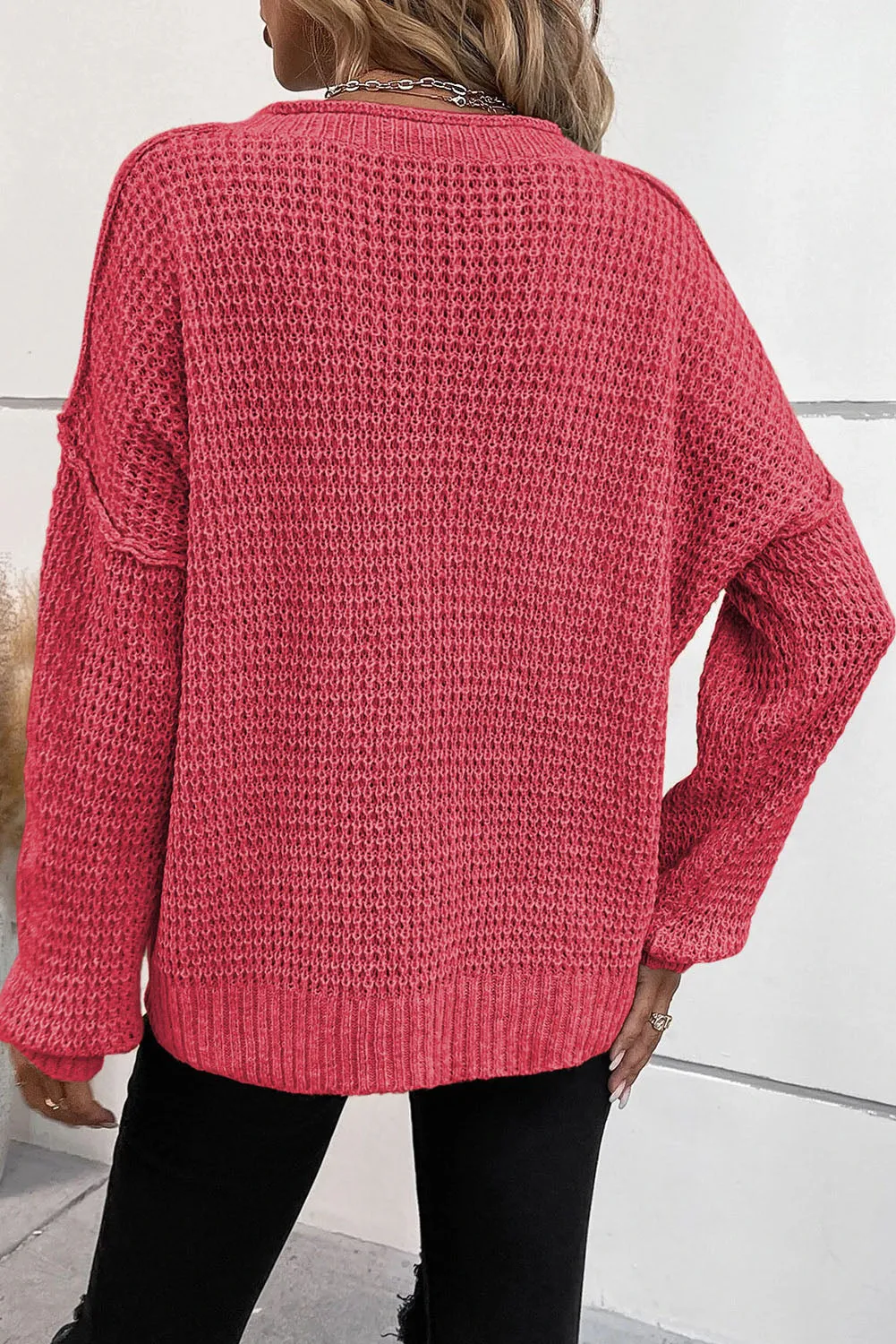 Rose Red Pointelle Knit Button V Neck Drop Shoulder Sweater
