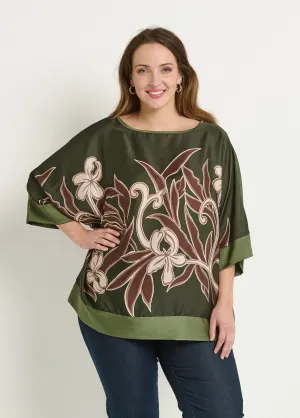 Satin tunic with floral motif and kimono sleeves