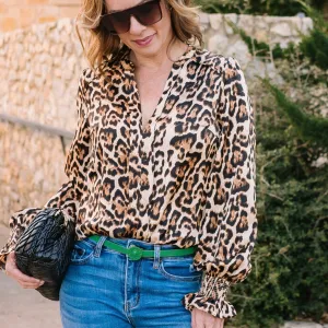 Savanna Smocked Leopard Henley Blouse