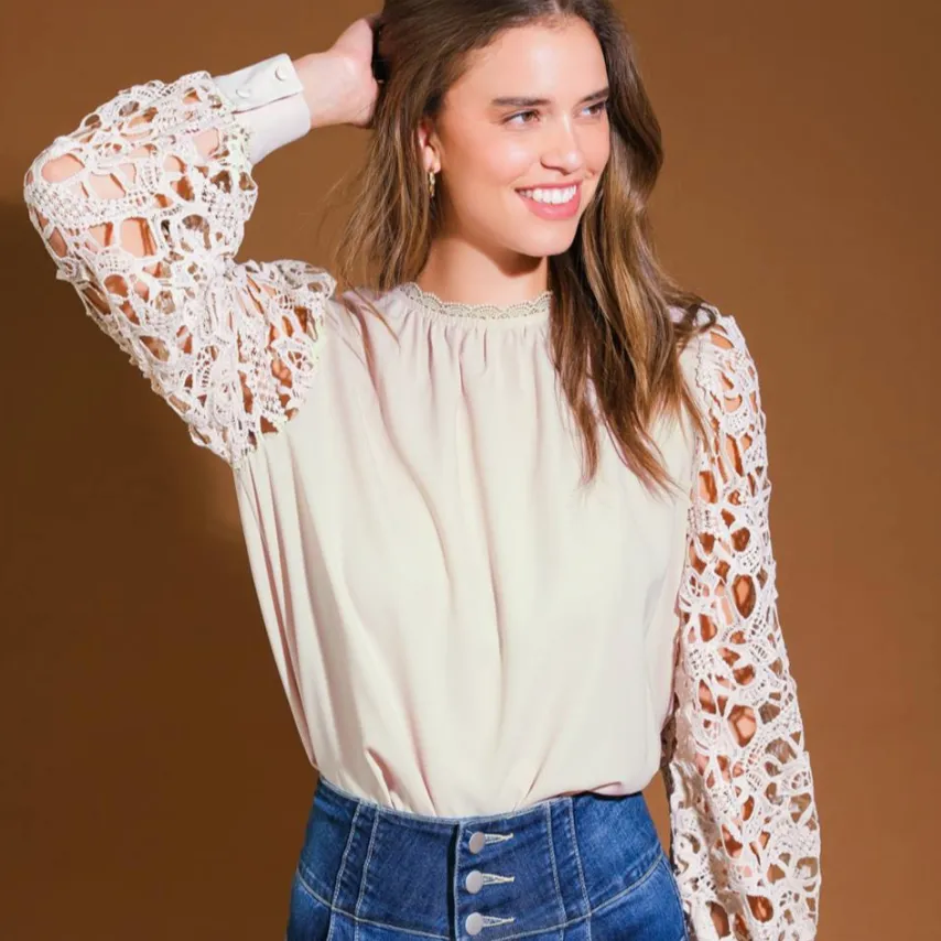 She's All That Lace Contrast Sleeve Woven Top - FINAL SALE