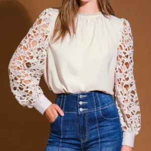 She's All That Lace Contrast Sleeve Woven Top - FINAL SALE