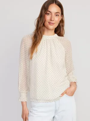 Shirred Mock-Neck Tie-Back Blouse for Women