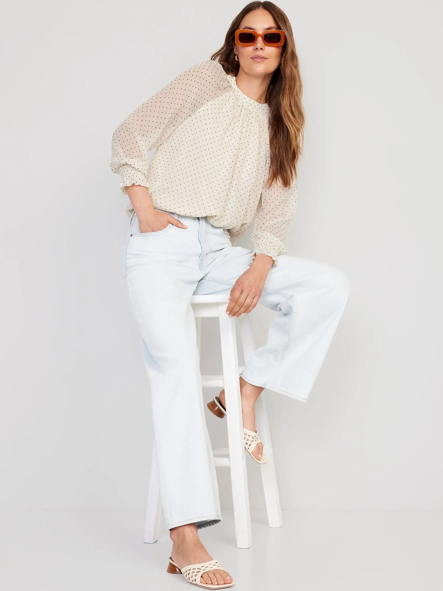 Shirred Mock-Neck Tie-Back Blouse for Women