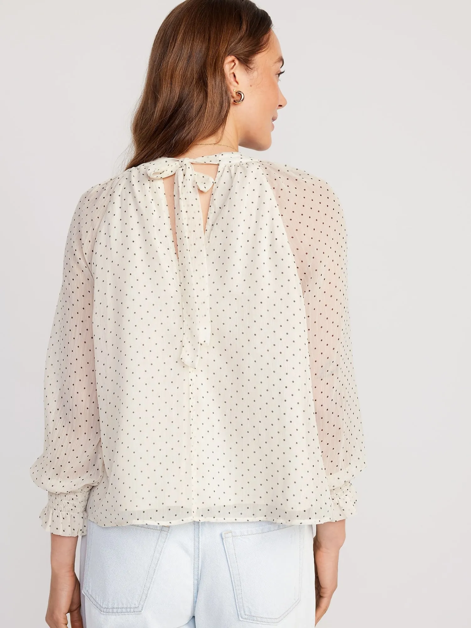 Shirred Mock-Neck Tie-Back Blouse for Women