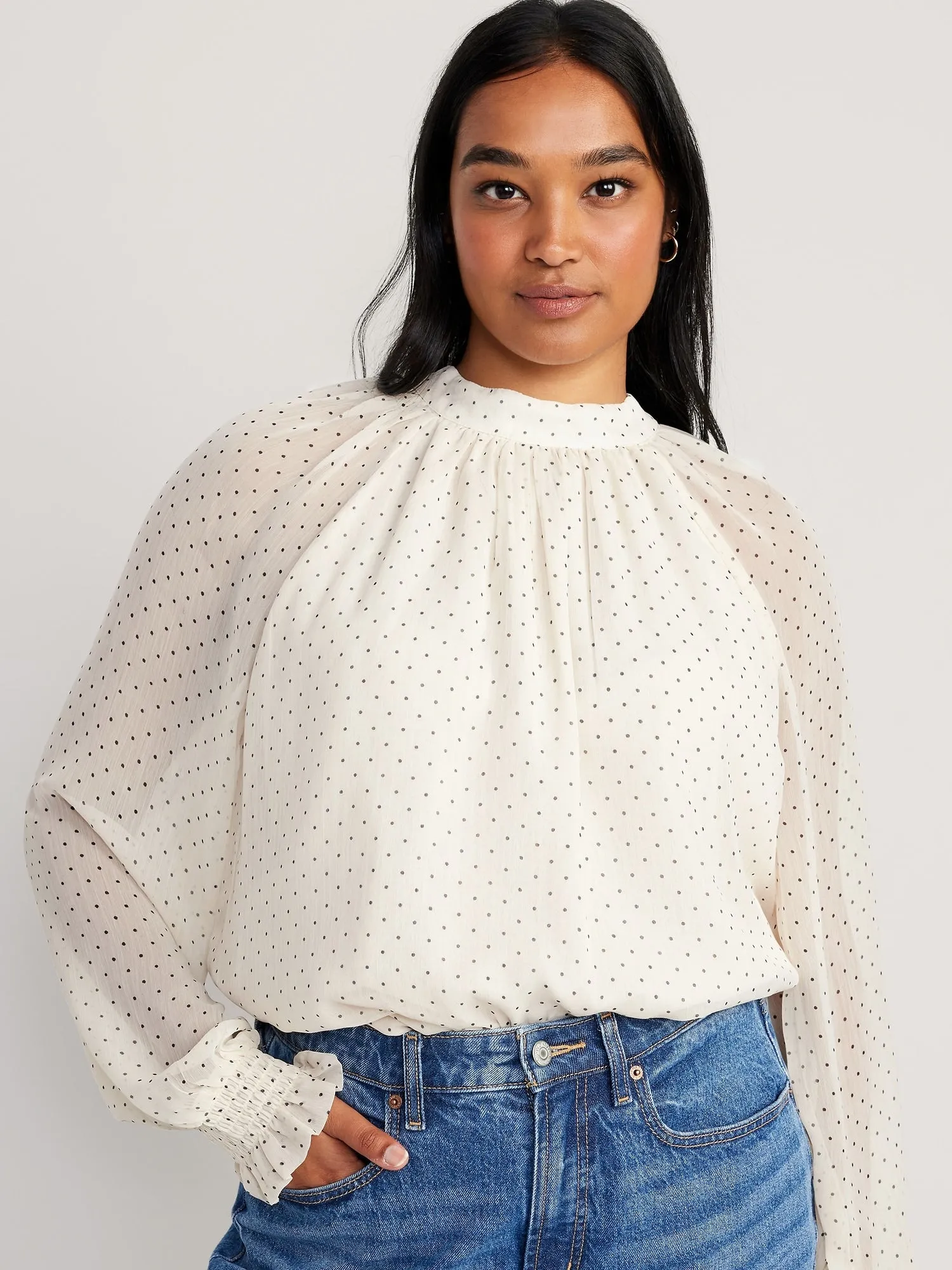 Shirred Mock-Neck Tie-Back Blouse for Women