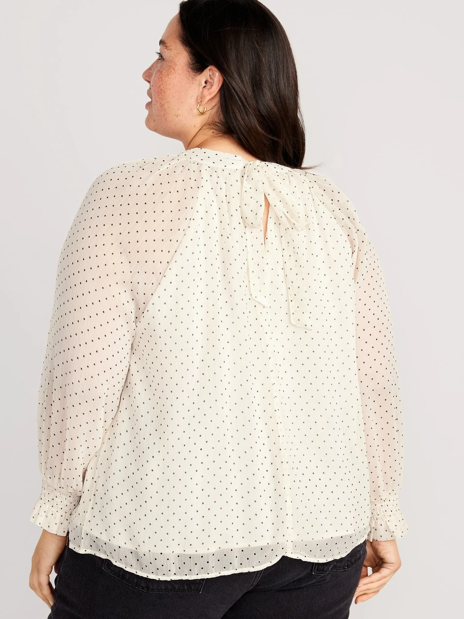 Shirred Mock-Neck Tie-Back Blouse for Women