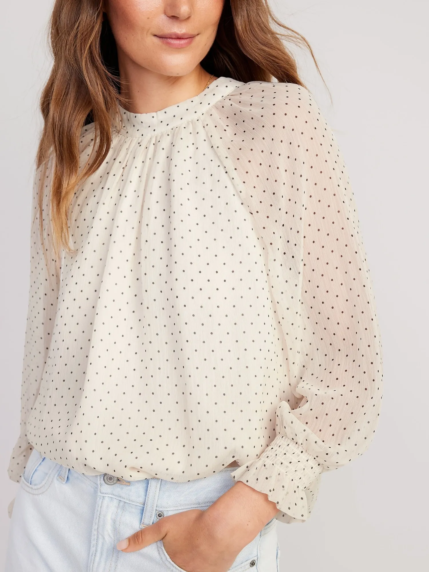 Shirred Mock-Neck Tie-Back Blouse for Women