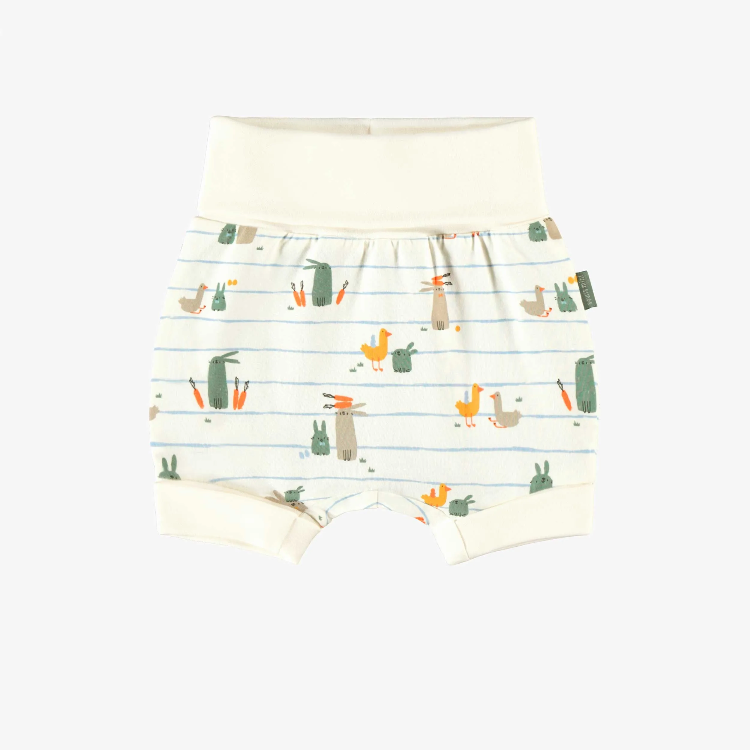 Short évolutif crème à rayures bleues et motifs de Pâques, bébé || Cream evolutive shorts with blue stripes and Easter all over print, baby