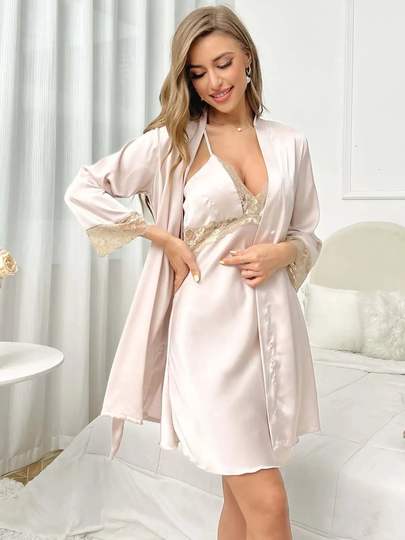 Silk Long Sleeve kimono and Nightdress Two Piece Set
