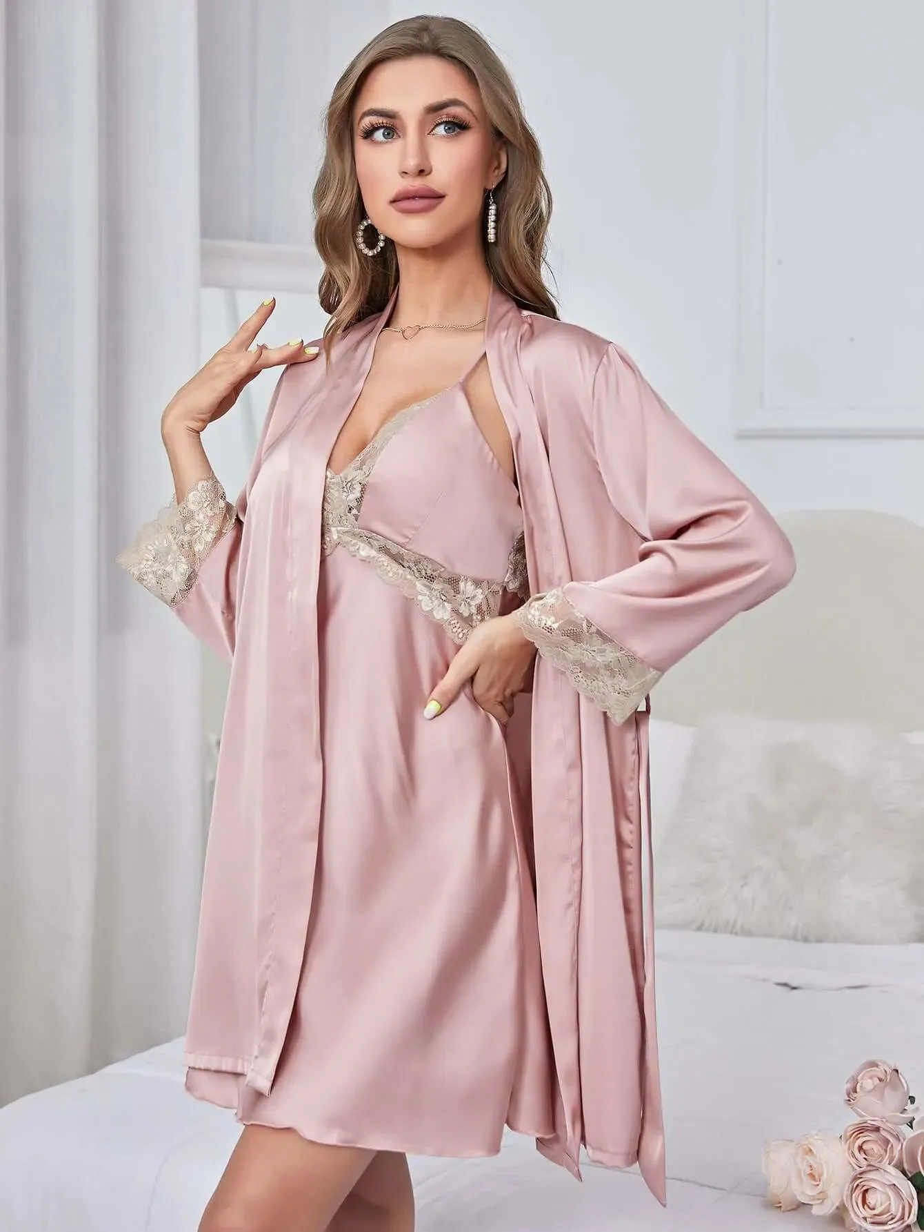 Silk Long Sleeve kimono and Nightdress Two Piece Set
