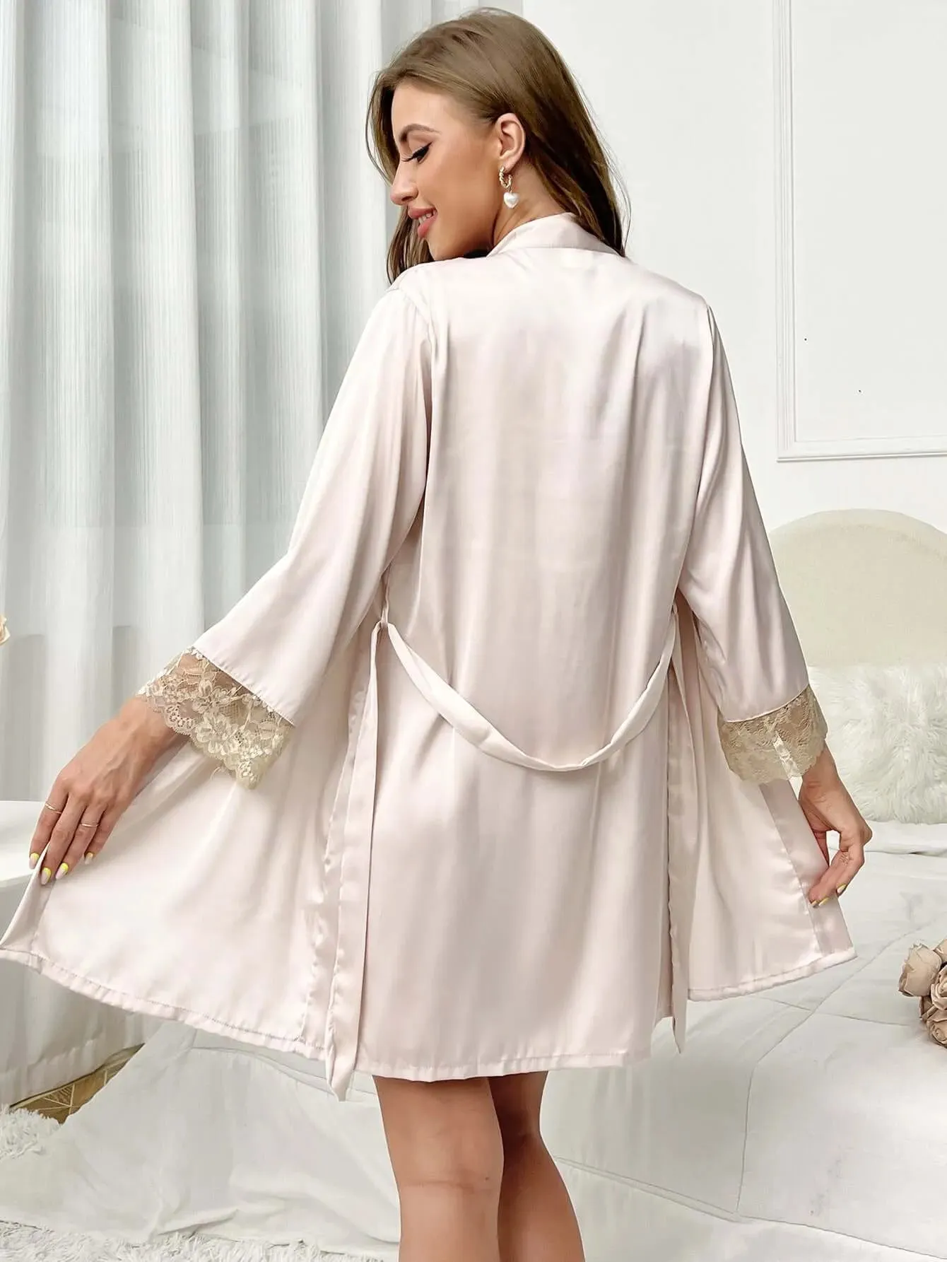 Silk Long Sleeve kimono and Nightdress Two Piece Set