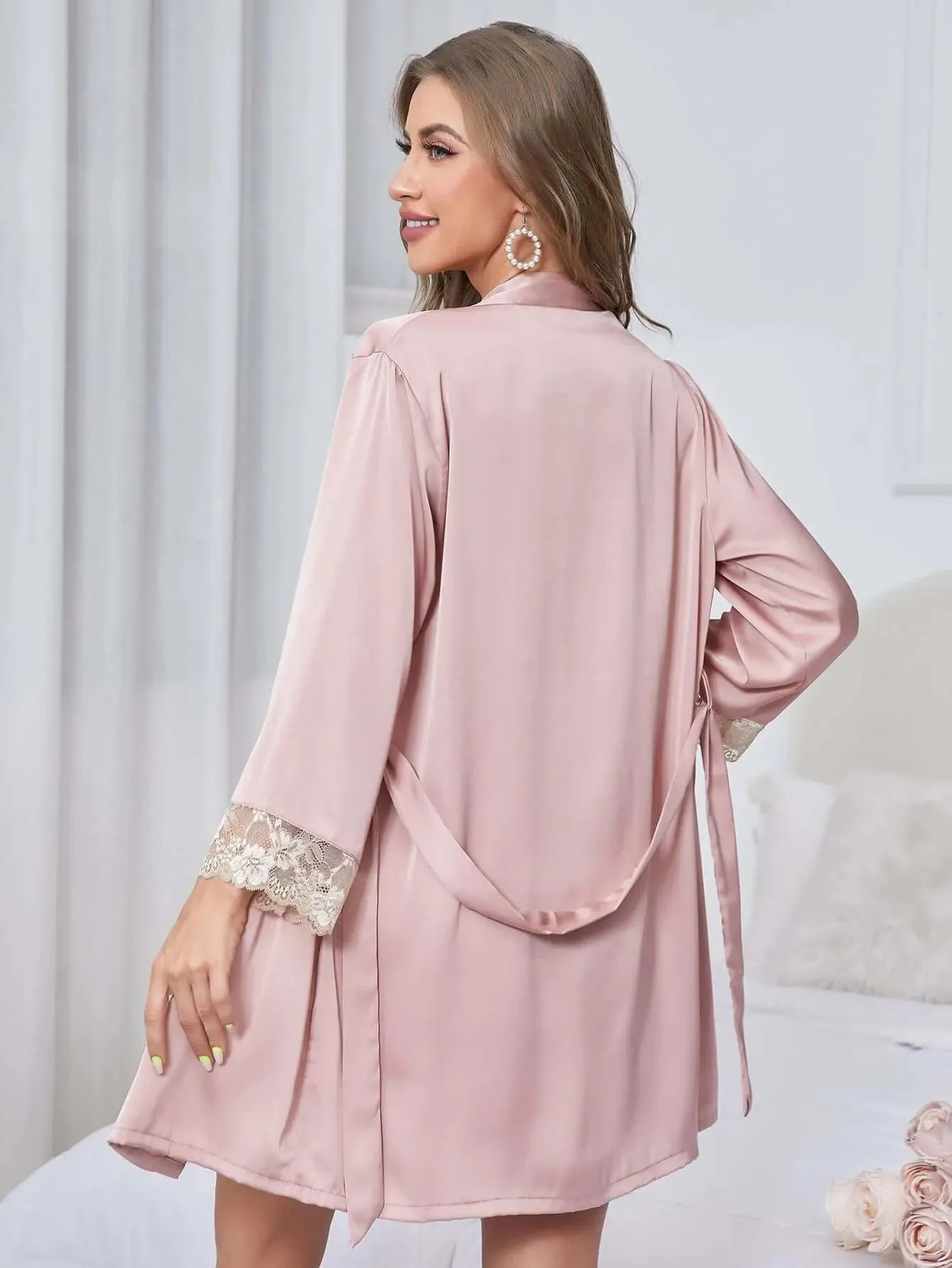 Silk Long Sleeve kimono and Nightdress Two Piece Set