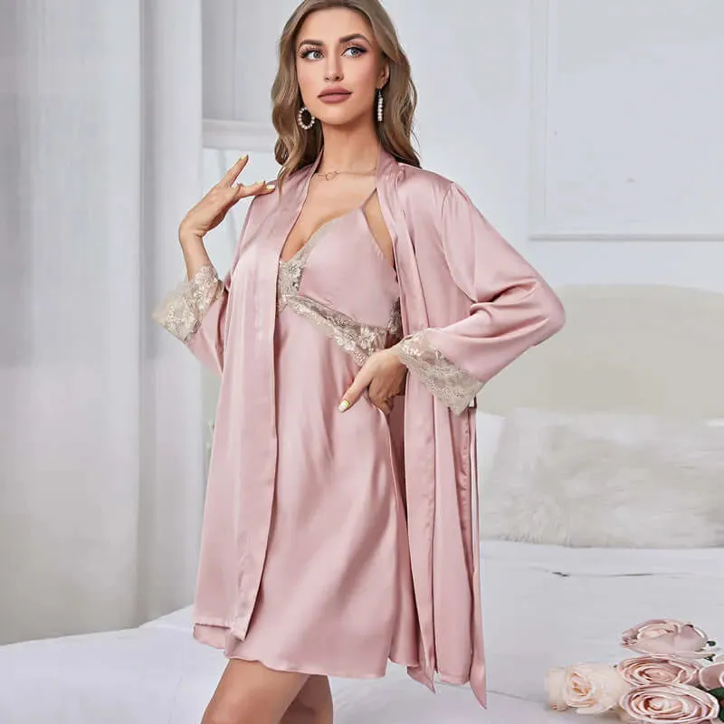 Silk Long Sleeve kimono and Nightdress Two Piece Set