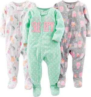 Simple Joys by Carter's Baby-Girls 3-Pack Loose Fit Flame Resistant Fleece Footed Pajamas! Owl/Cats/Dot Sz 2T!