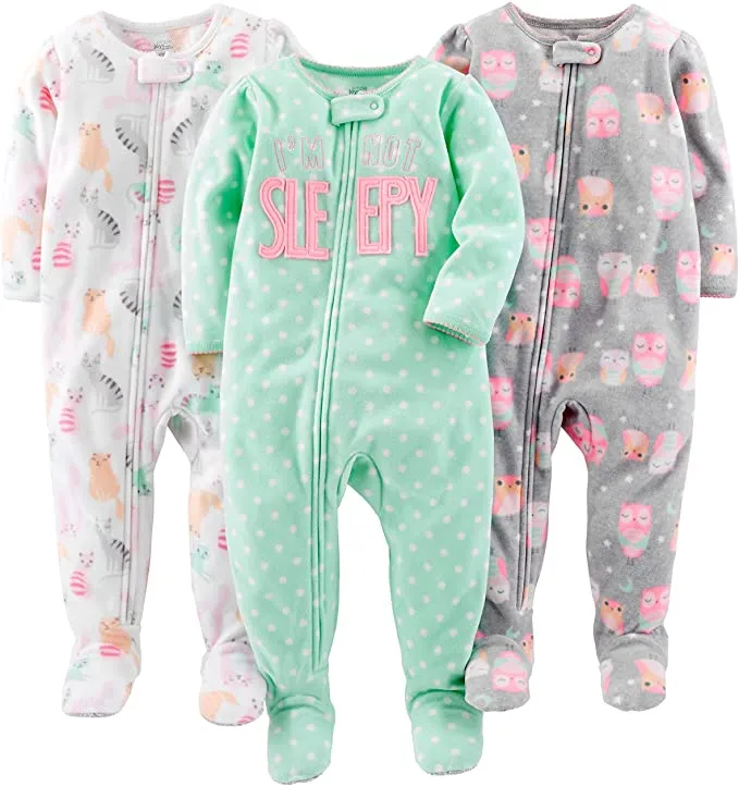 Simple Joys by Carter's Baby-Girls 3-Pack Loose Fit Flame Resistant Fleece Footed Pajamas! Owl/Cats/Dot Sz 2T!