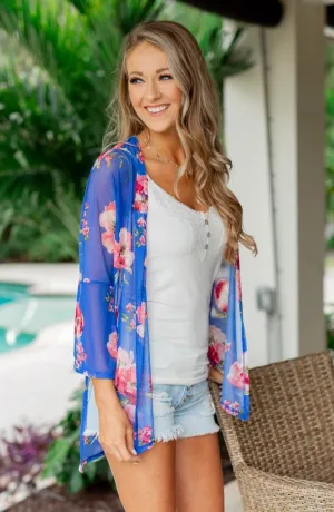 Sing A Little Louder Floral Kimono- Royal Blue