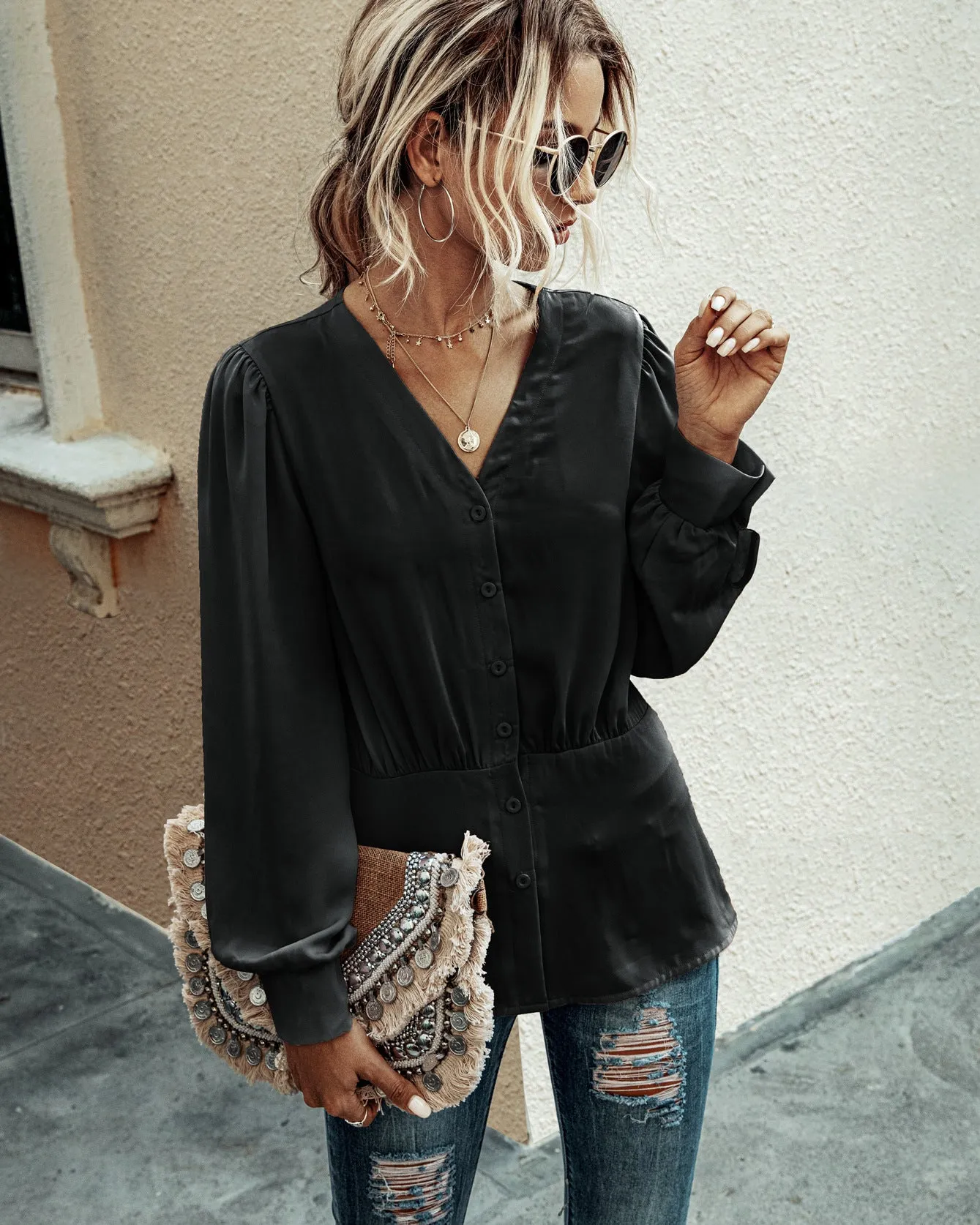 Single-breasted V-neck Long Sleeve Shirt