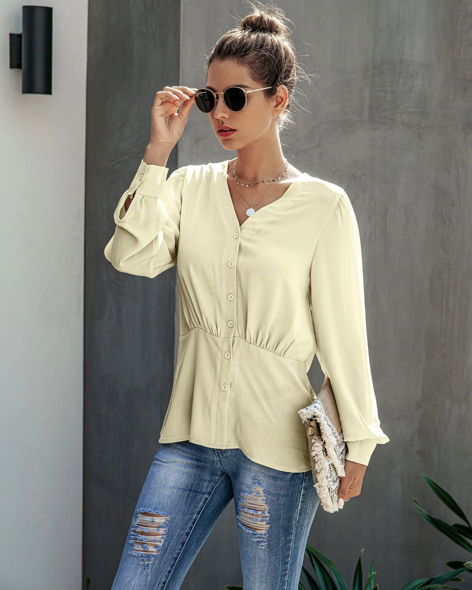 Single-breasted V-neck Long Sleeve Shirt
