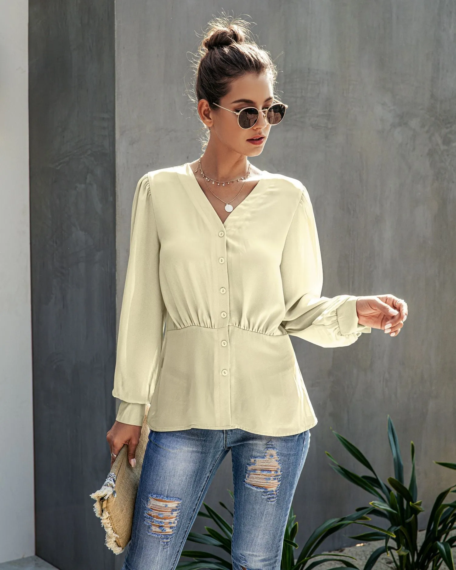 Single-breasted V-neck Long Sleeve Shirt