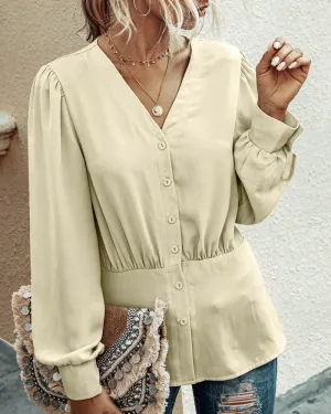 Single-breasted V-neck Long Sleeve Shirt