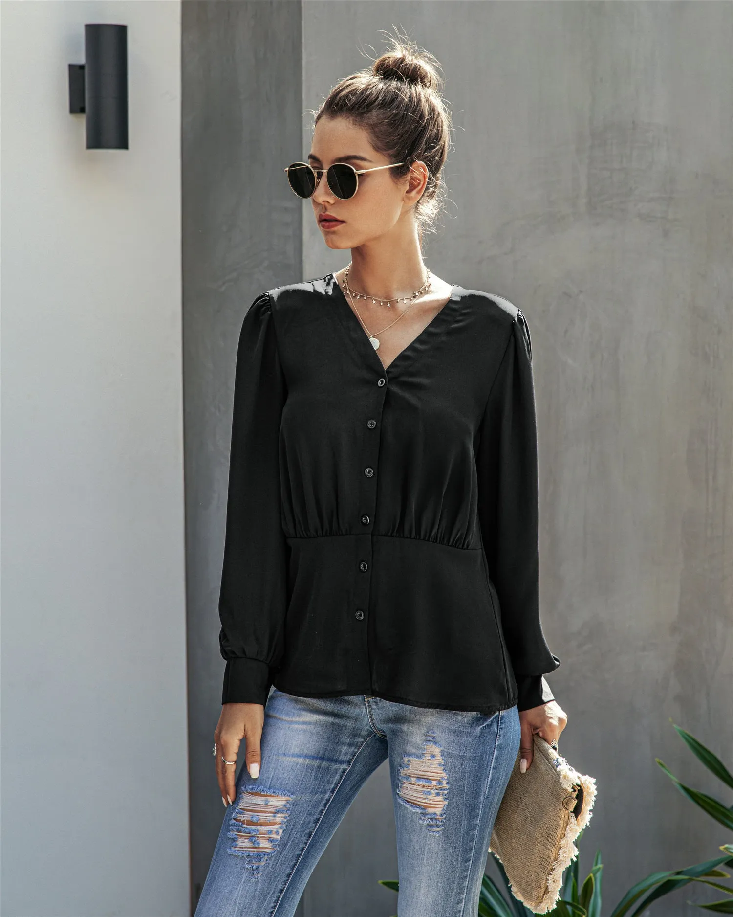 Single-breasted V-neck Long Sleeve Shirt