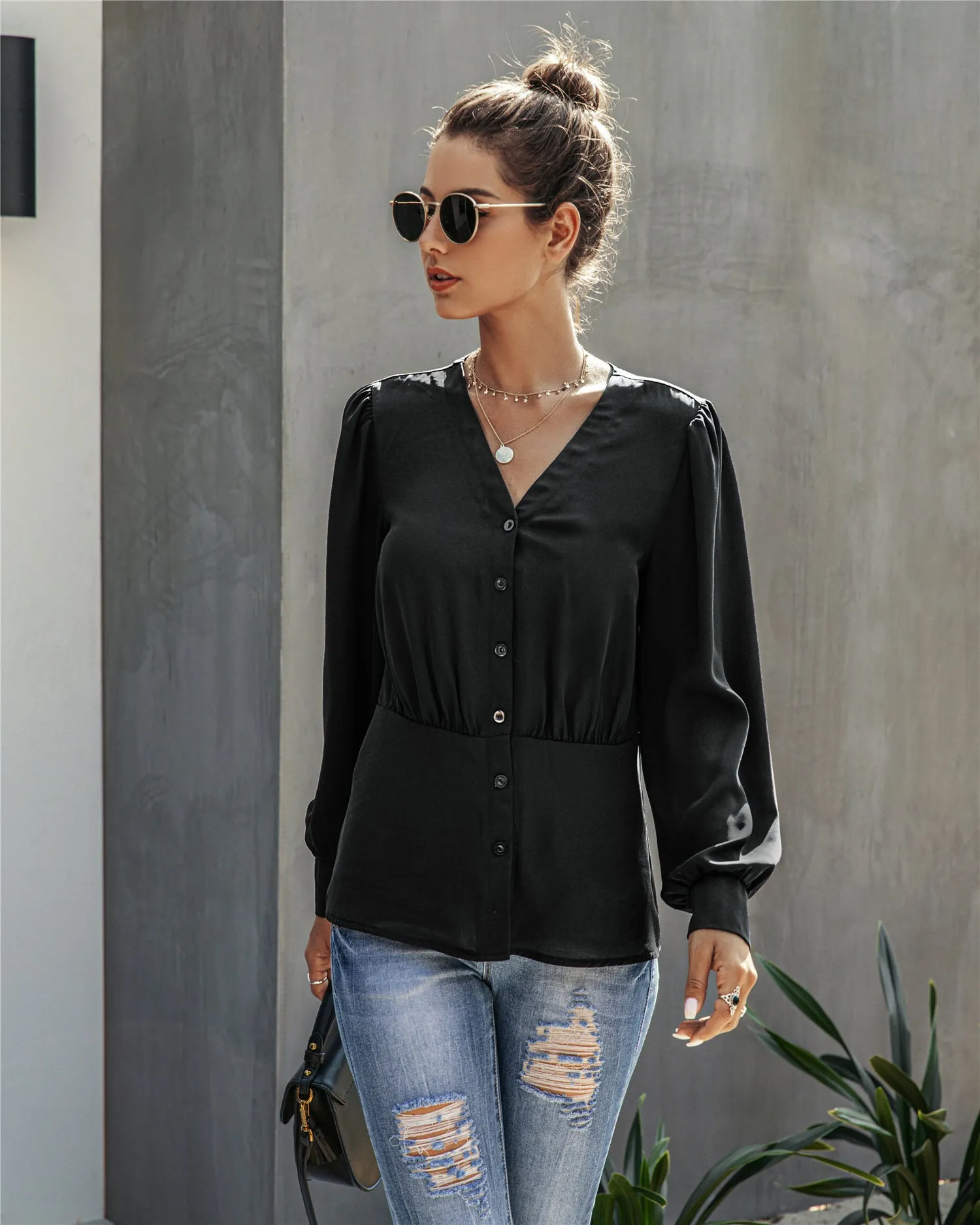 Single-breasted V-neck Long Sleeve Shirt