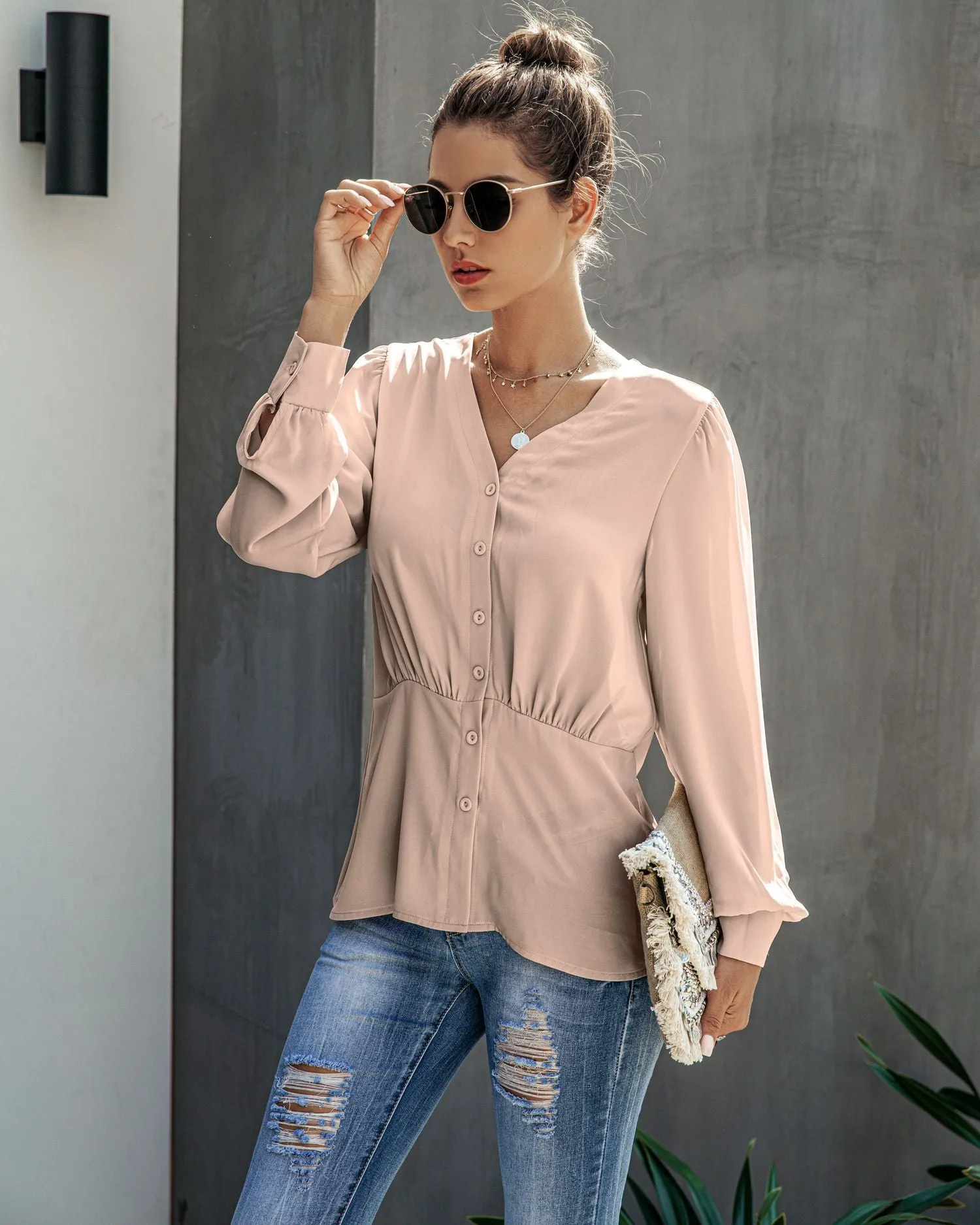 Single-breasted V-neck Long Sleeve Shirt