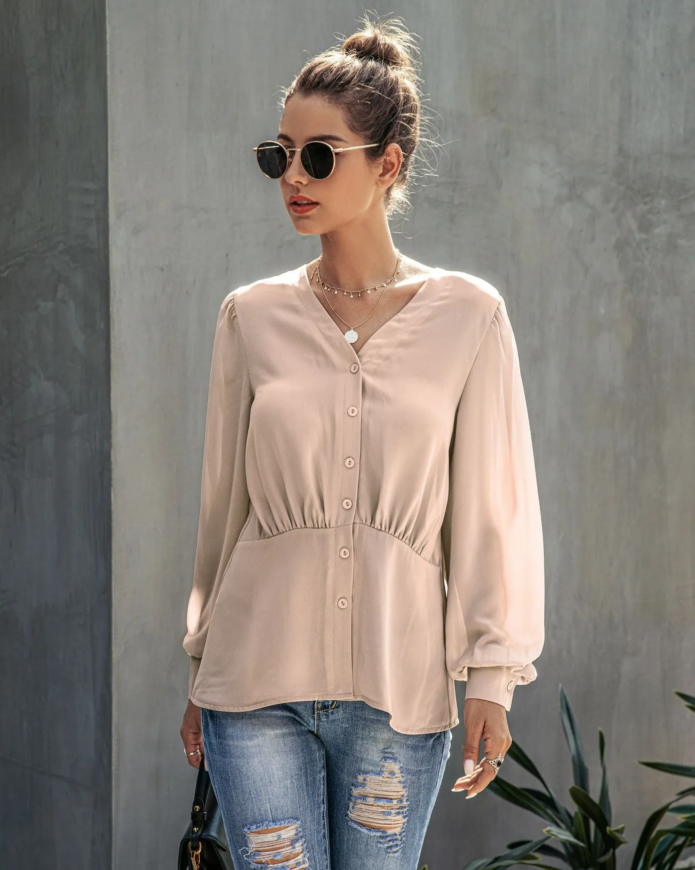 Single-breasted V-neck Long Sleeve Shirt