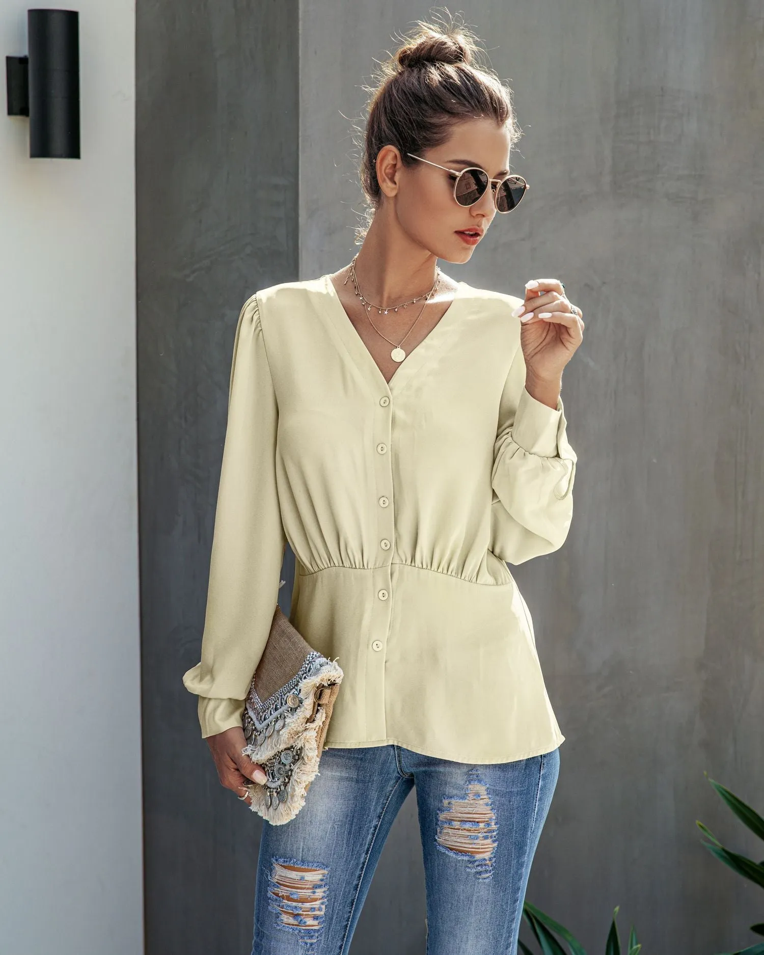 Single-breasted V-neck Long Sleeve Shirt