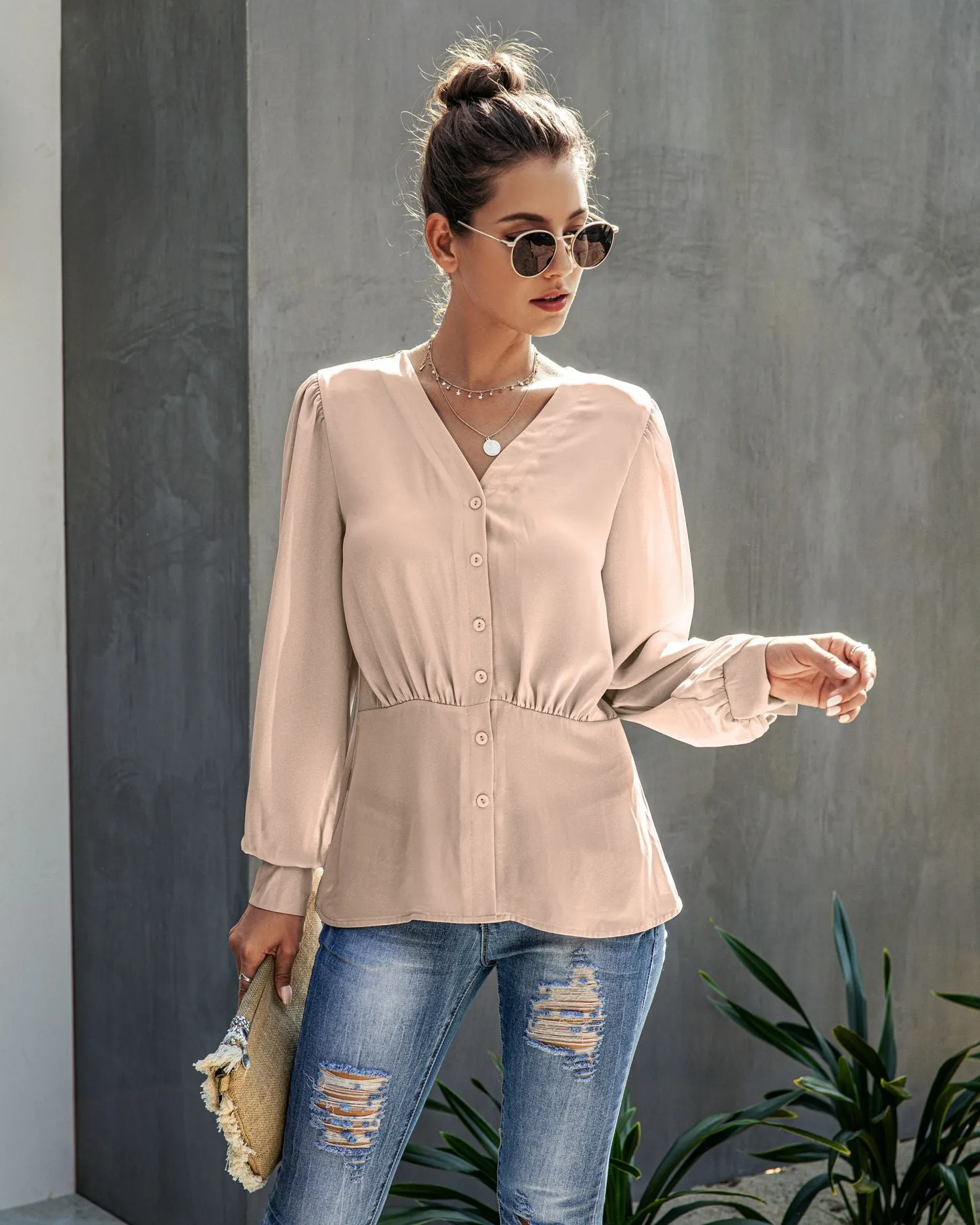 Single-breasted V-neck Long Sleeve Shirt