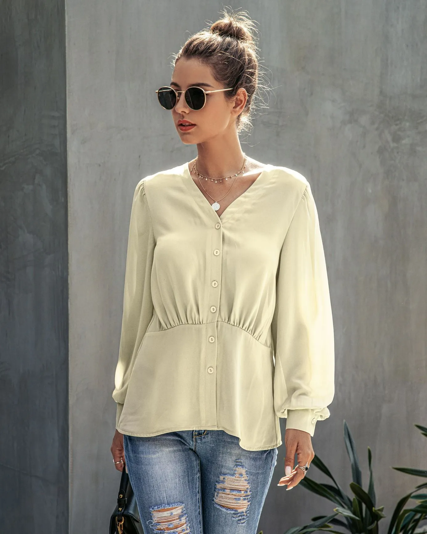 Single-breasted V-neck Long Sleeve Shirt