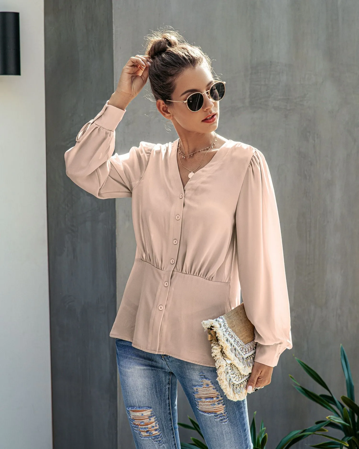 Single-breasted V-neck Long Sleeve Shirt