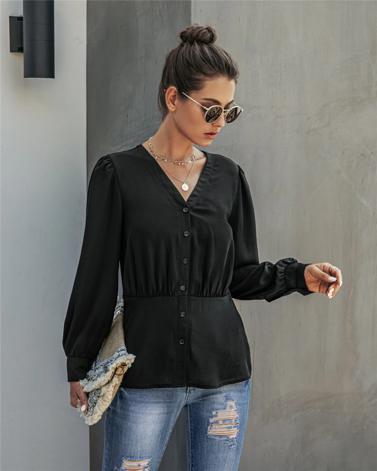 Single-breasted V-neck Long Sleeve Shirt