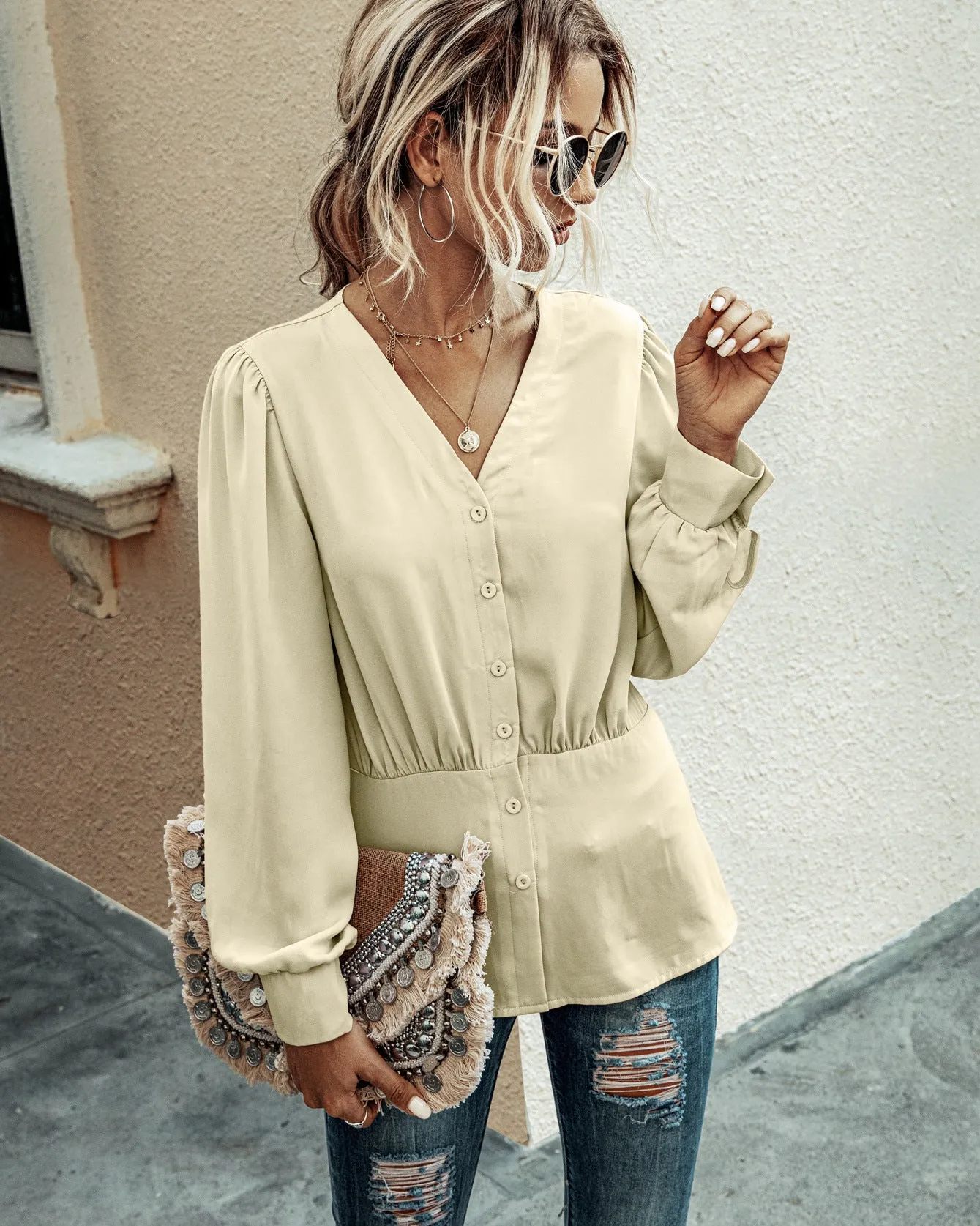 Single-breasted V-neck Long Sleeve Shirt