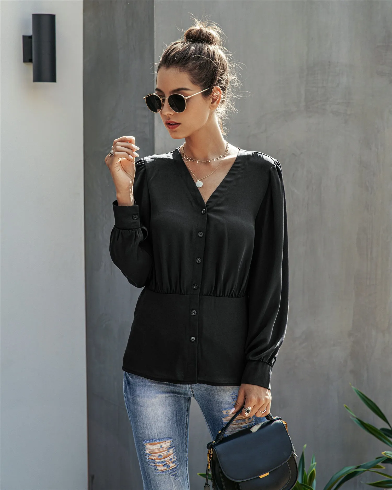 Single-breasted V-neck Long Sleeve Shirt