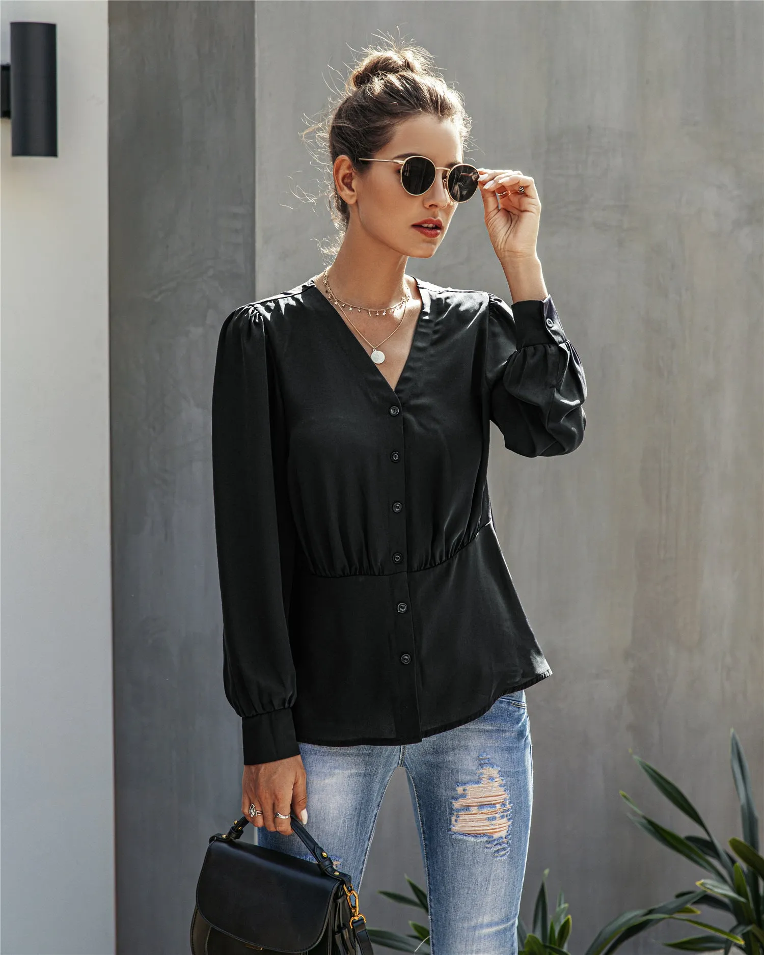 Single-breasted V-neck Long Sleeve Shirt