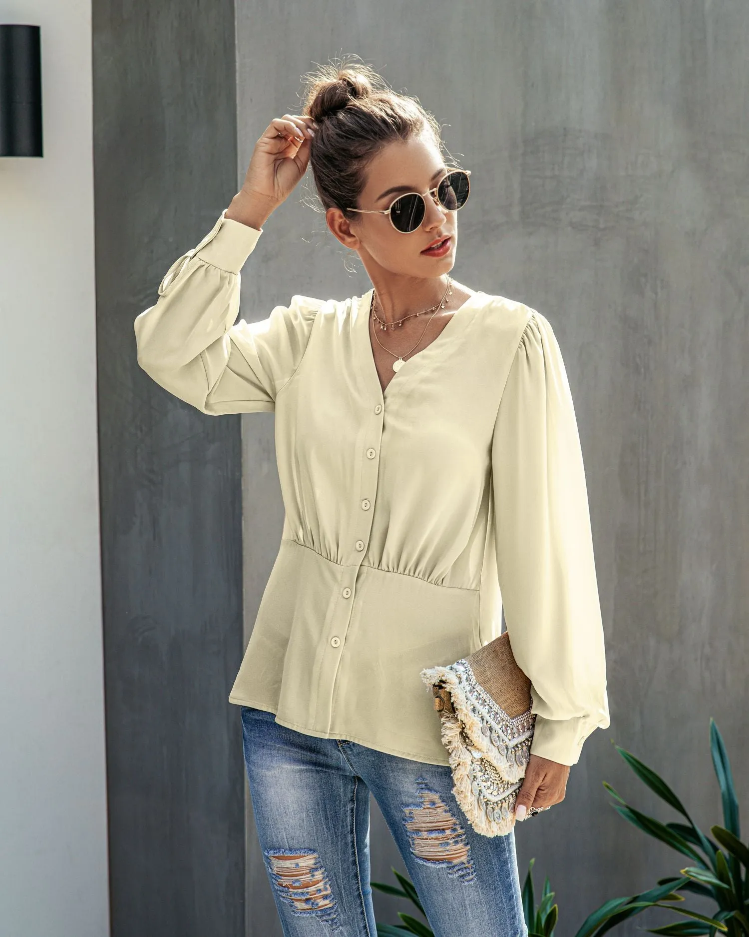 Single-breasted V-neck Long Sleeve Shirt