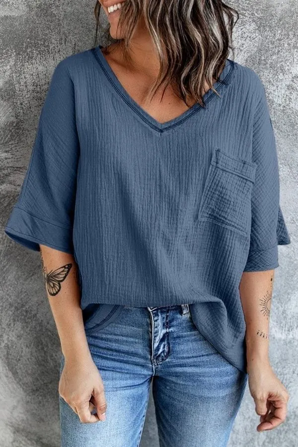 Solid Color V Neck Blouse