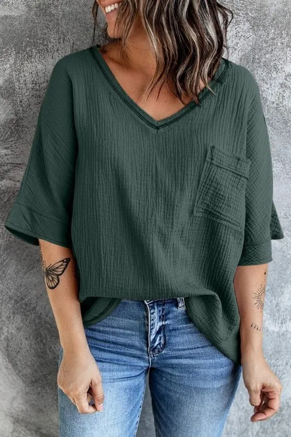 Solid Color V Neck Blouse