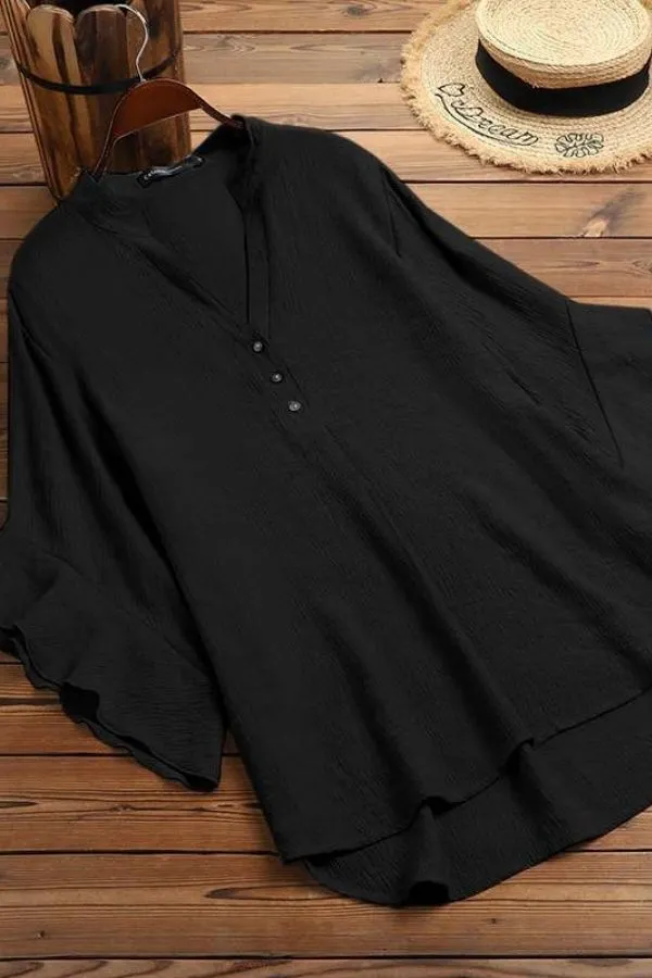 Solid Color V Neck Flying Sleeve Blouse