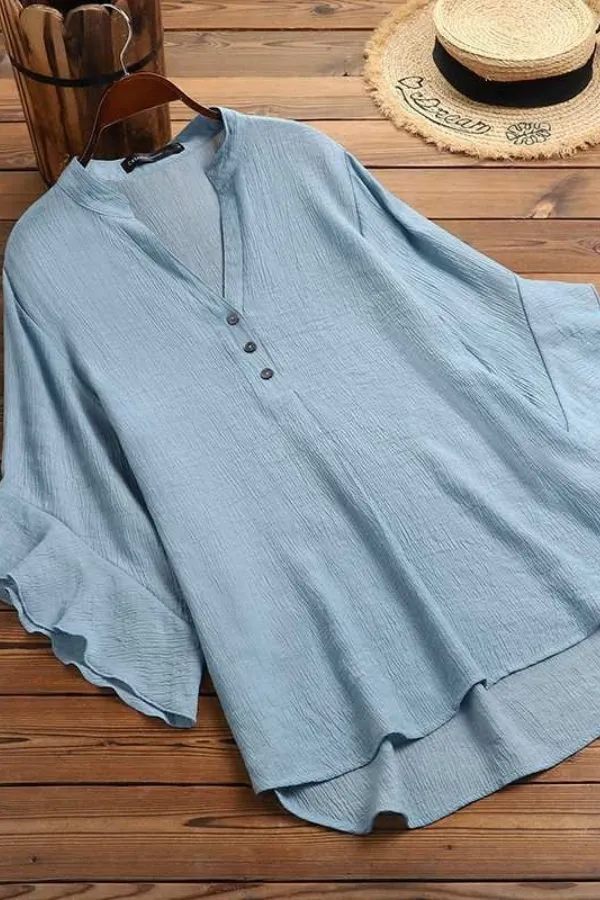 Solid Color V Neck Flying Sleeve Blouse