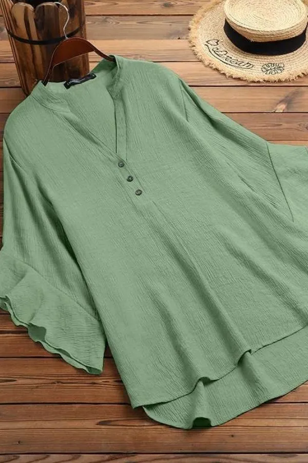 Solid Color V Neck Flying Sleeve Blouse