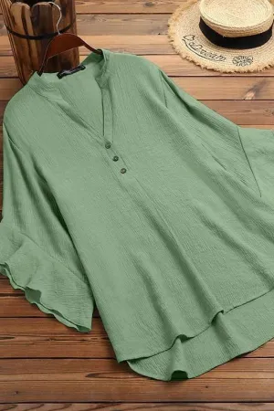 Solid Color V Neck Flying Sleeve Blouse