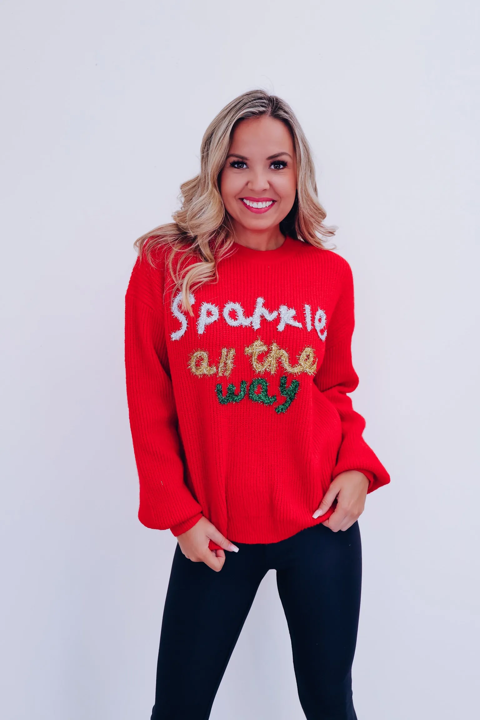 Sparkle All The Way Tinsel Cropped Sweater - Red