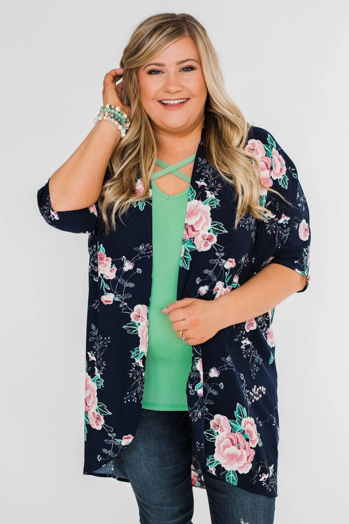 Start With Forever Floral Kimono- Navy